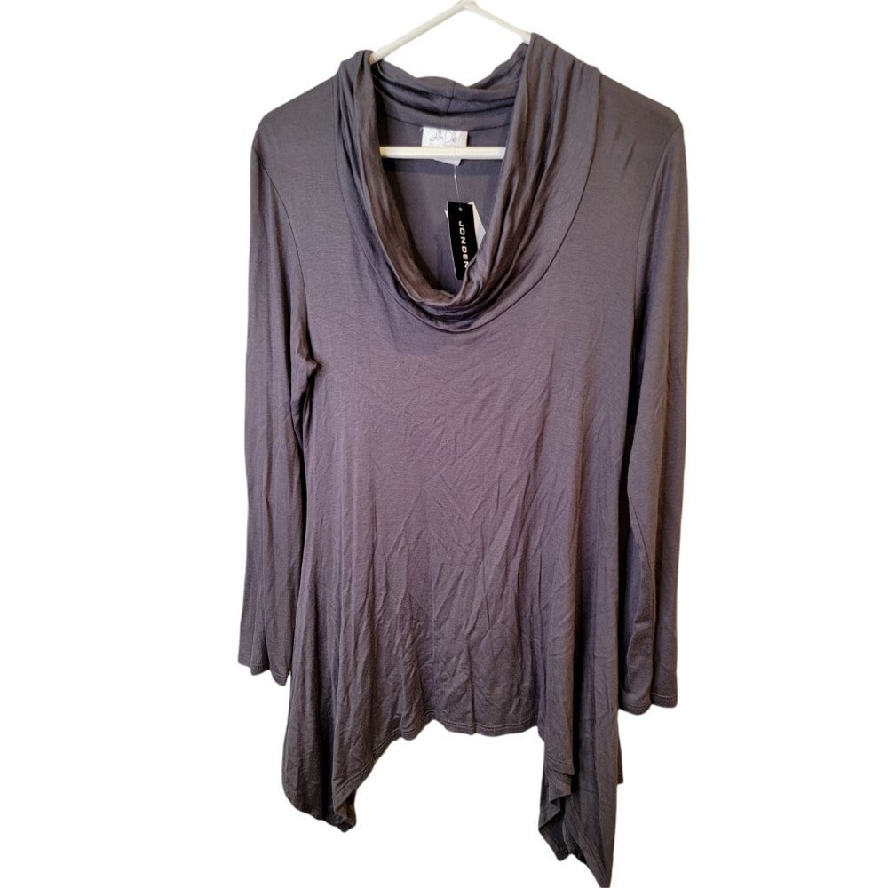 JON DEN Size Large Women's Tunic Top Gray Cowl Neck Asymmetrical Hem Shirt